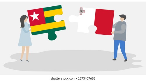 Couple holding two puzzles pieces with Togolese and Maltese flags. Togo and Malta national symbols together.