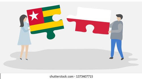 Couple holding two puzzles pieces with Togolese and Polish flags. Togo and Poland national symbols together.