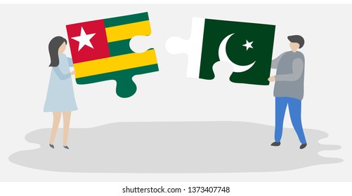 Couple holding two puzzles pieces with Togolese and Pakistani flags. Togo and Pakistan national symbols together.