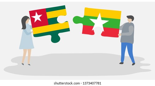 Couple holding two puzzles pieces with Togolese and Burmese flags. Togo and Myanmar national symbols together.