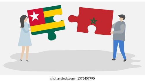 Couple holding two puzzles pieces with Togolese and Moroccan flags. Togo and Morocco national symbols together.