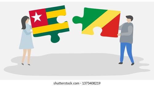 Couple holding two puzzles pieces with Togolese and Congolese flags. Togo and Republic of the Congo national symbols together.