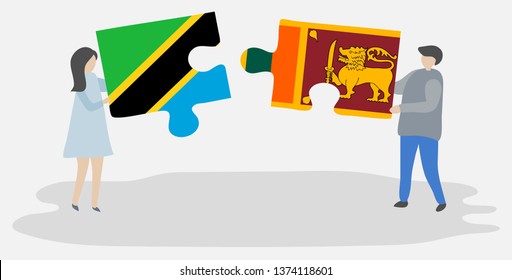 Couple holding two puzzles pieces with Tanzanian and Sri Lankan flags. Tanzania and Sri Lanka national symbols together.