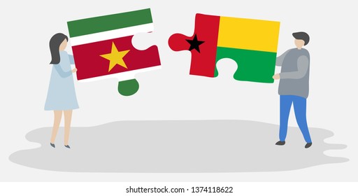 Couple holding two puzzles pieces with Surinamese and Bissau-Guinean flags. Suriname and Guinea-Bissau national symbols together.