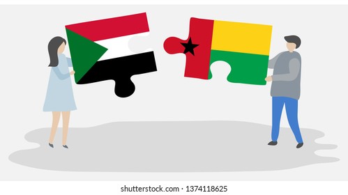 Couple holding two puzzles pieces with Sudanese and Bissau-Guinean flags. Sudan and Guinea-Bissau national symbols together.