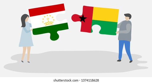 Couple holding two puzzles pieces with Tajikistani and Bissau-Guinean flags. Tajikistan and Guinea-Bissau national symbols together.