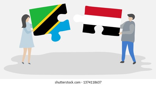 Couple holding two puzzles pieces with Tanzanian and Yemeni flags. Tanzania and Yemen national symbols together.
