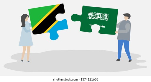 Couple holding two puzzles pieces with Tanzanian and Saudi Arabian flags. Tanzania and Saudi Arabia national symbols together.