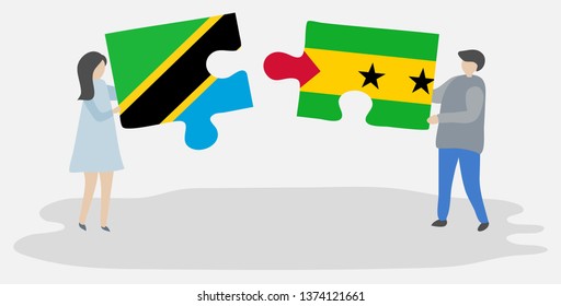Couple holding two puzzles pieces with Tanzanian and Sao Tomean flags. Tanzania and Sao Tome and Principe national symbols together.