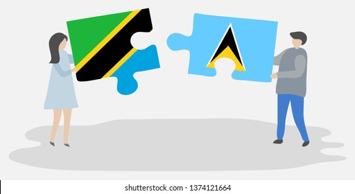 Couple holding two puzzles pieces with Tanzanian and Saint Lucian flags. Tanzania and Saint Lucia national symbols together.