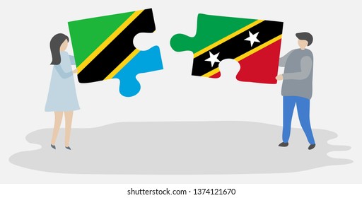 Couple holding two puzzles pieces with Tanzanian and Kittitian flags. Tanzania and Saint Kitts and Nevis national symbols together.