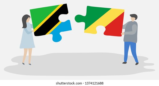 Couple holding two puzzles pieces with Tanzanian and Congolese flags. Tanzania and Republic of the Congo national symbols together.