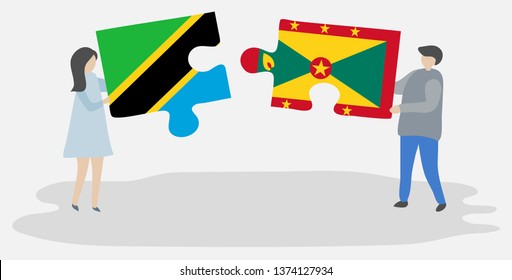 Couple holding two puzzles pieces with Tanzanian and Grenadian flags. Tanzania and Grenada national symbols together.