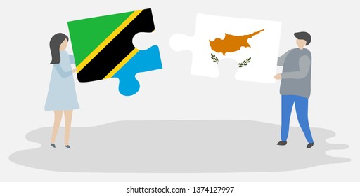 Couple holding two puzzles pieces with Tanzanian and Cypriot flags. Tanzania and Cyprus national symbols together.