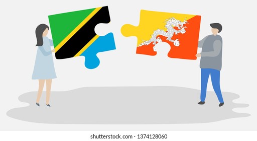 Couple holding two puzzles pieces with Tanzanian and Bhutanese flags. Tanzania and Bhutan national symbols together.