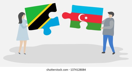 Couple holding two puzzles pieces with Tanzanian and Azerbaijani flags. Tanzania and Azerbaijan national symbols together.