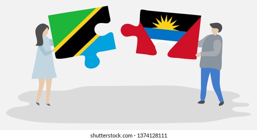Couple holding two puzzles pieces with Tanzanian and Antiguan flags. Tanzania and Antigua and Barbuda national symbols together.