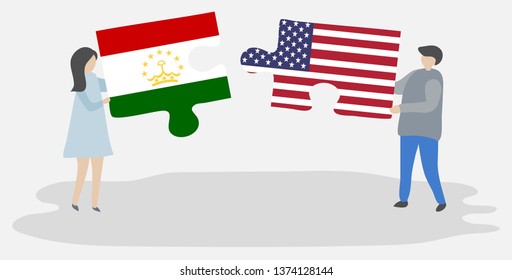 Couple holding two puzzles pieces with Tajikistani and American flags. Tajikistan and United States of America national symbols together.