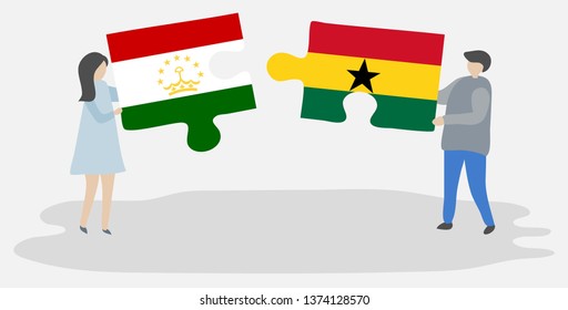 Couple holding two puzzles pieces with Tajikistani and Ghanaian flags. Tajikistan and Ghana national symbols together.