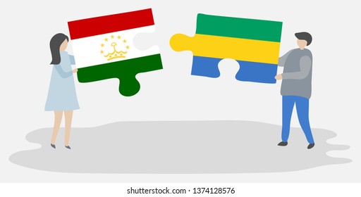 Couple holding two puzzles pieces with Tajikistani and Gabonese flags. Tajikistan and Gabon national symbols together.
