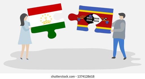 Couple holding two puzzles pieces with Tajikistani and Swazi flags. Tajikistan and Swaziland national symbols together.