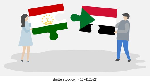 Couple holding two puzzles pieces with Tajikistani and Sudanese flags. Tajikistan and Sudan national symbols together.