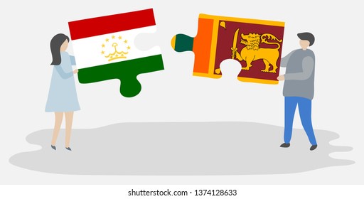 Couple holding two puzzles pieces with Tajikistani and Sri Lankan flags. Tajikistan and Sri Lanka national symbols together.