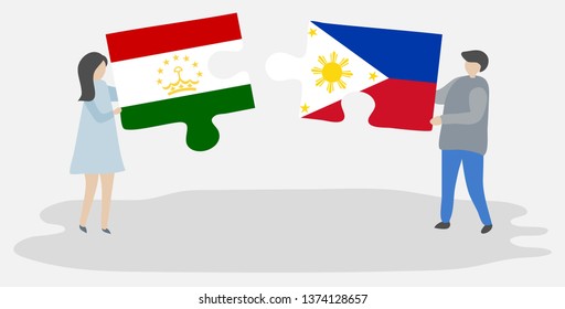 Couple holding two puzzles pieces with Tajikistani and Filipino flags. Tajikistan and Philippines national symbols together.