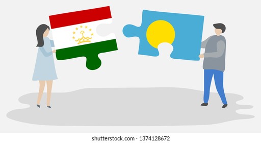 Couple holding two puzzles pieces with Tajikistani and Palauan flags. Tajikistan and Palau national symbols together.