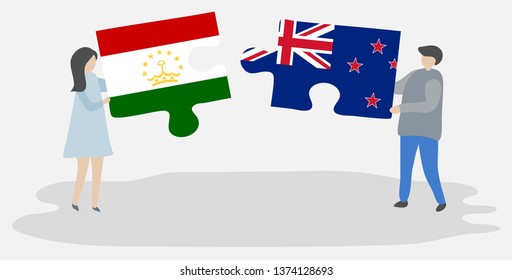 Couple holding two puzzles pieces with Tajikistani and NZ flags. Tajikistan and New Zealand national symbols together.