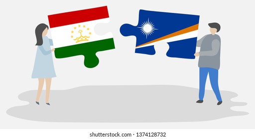 Couple holding two puzzles pieces with Tajikistani and Marshallese flags. Tajikistan and Marshall Islands national symbols together.