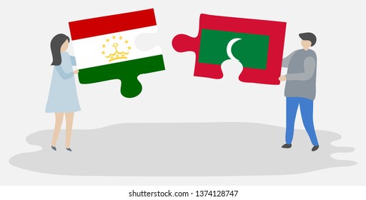 Couple holding two puzzles pieces with Tajikistani and Maldivian flags. Tajikistan and Maldives national symbols together.