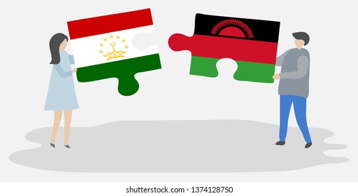 Couple holding two puzzles pieces with Tajikistani and Malawian flags. Tajikistan and Malawi national symbols together.