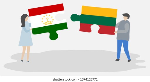 Couple holding two puzzles pieces with Tajikistani and Lithuanian flags. Tajikistan and Lithuania national symbols together.