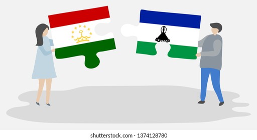 Couple holding two puzzles pieces with Tajikistani and Basotho flags. Tajikistan and Lesotho national symbols together.