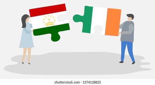 Couple holding two puzzles pieces with Tajikistani and Irish flags. Tajikistan and Ireland national symbols together.