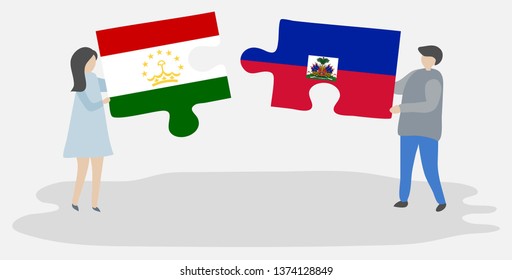 Couple holding two puzzles pieces with Tajikistani and Haitian flags. Tajikistan and Haiti national symbols together.