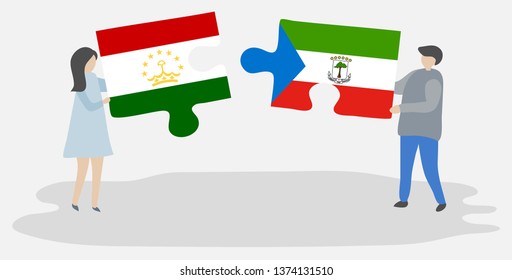 Couple holding two puzzles pieces with Tajikistani and Equatorial Guinean flags. Tajikistan and Equatorial Guinea national symbols together.