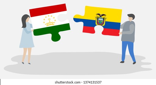 Couple holding two puzzles pieces with Tajikistani and Ecuadorian flags. Tajikistan and Ecuador national symbols together.