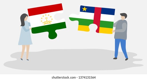 Couple holding two puzzles pieces with Tajikistani and Central African flags. Tajikistan and Central African Republic national symbols together.