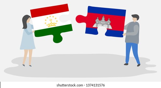 Couple holding two puzzles pieces with Tajikistani and Cambodian flags. Tajikistan and Cambodia national symbols together.