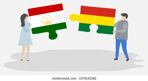 Couple holding two puzzles pieces with Tajikistani and Bolivian flags. Tajikistan and Bolivia national symbols together.