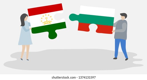 Couple holding two puzzles pieces with Tajikistani and Bulgarian flags. Tajikistan and Bulgaria national symbols together.