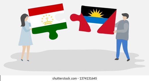 Couple holding two puzzles pieces with Tajikistani and Antiguan flags. Tajikistan and Antigua and Barbuda national symbols together.