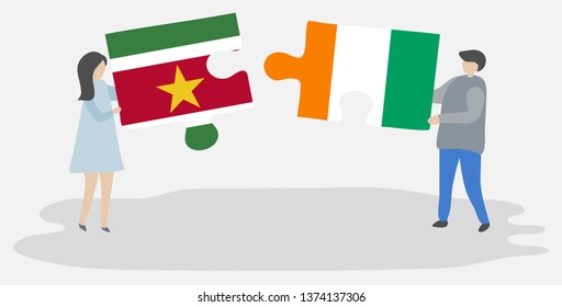 Couple holding two puzzles pieces with Surinamese and Ivorian flags. Suriname and Ivory Coast national symbols together.