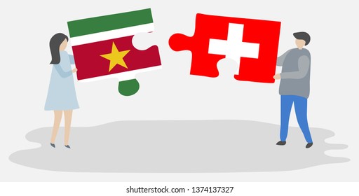 Couple holding two puzzles pieces with Surinamese and Swiss flags. Suriname and Switzerland national symbols together.