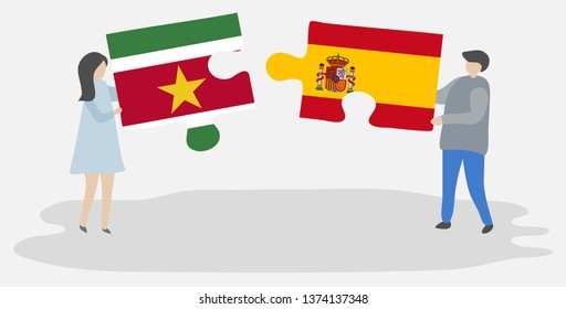 Couple holding two puzzles pieces with Surinamese and Spanish flags. Suriname and Spain national symbols together.