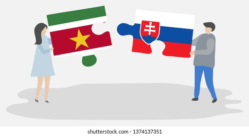 Couple holding two puzzles pieces with Surinamese and Slovak flags. Suriname and Slovakia national symbols together.