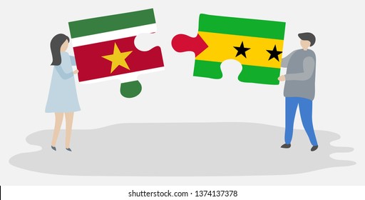 Couple holding two puzzles pieces with Surinamese and Sao Tomean flags. Suriname and Sao Tome and Principe national symbols together.
