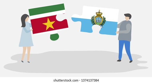 Couple holding two puzzles pieces with Surinamese and Sammarinese flags. Suriname and San Marino national symbols together.